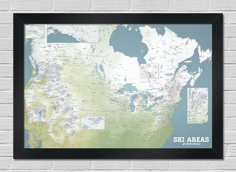 North America Ski Resorts Map Poster 24x36, 700+ Ski Areas USA & Canada