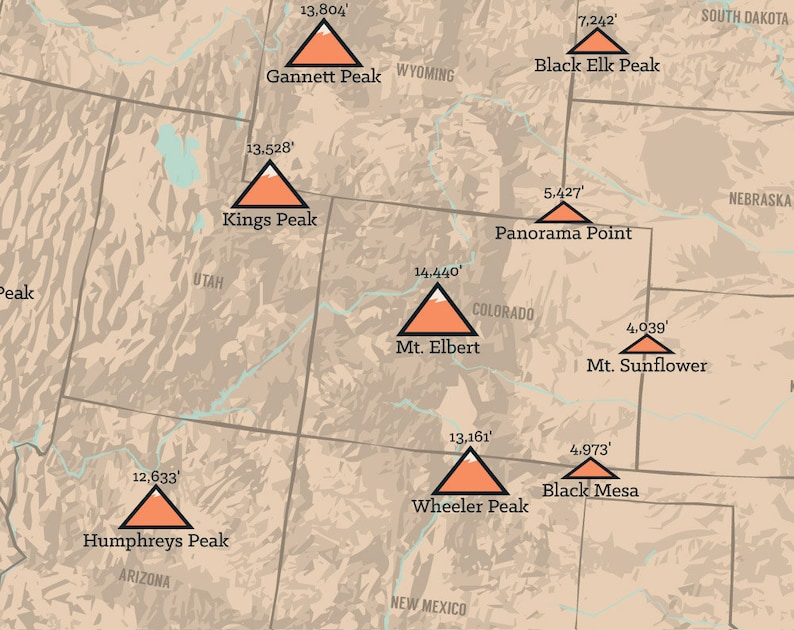 State Highpoints Map 11x14 Print - Etsy