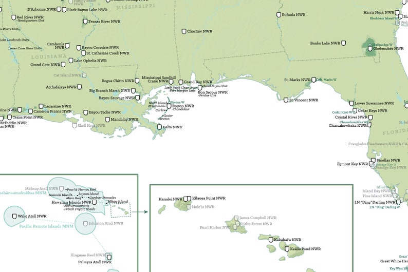 May include: A map of the United States showing the locations of various National Wildlife Refuges (NWR) and other protected areas. The map is color-coded with green representing land and blue representing water. The map also includes the names of the refuges and other protected areas.