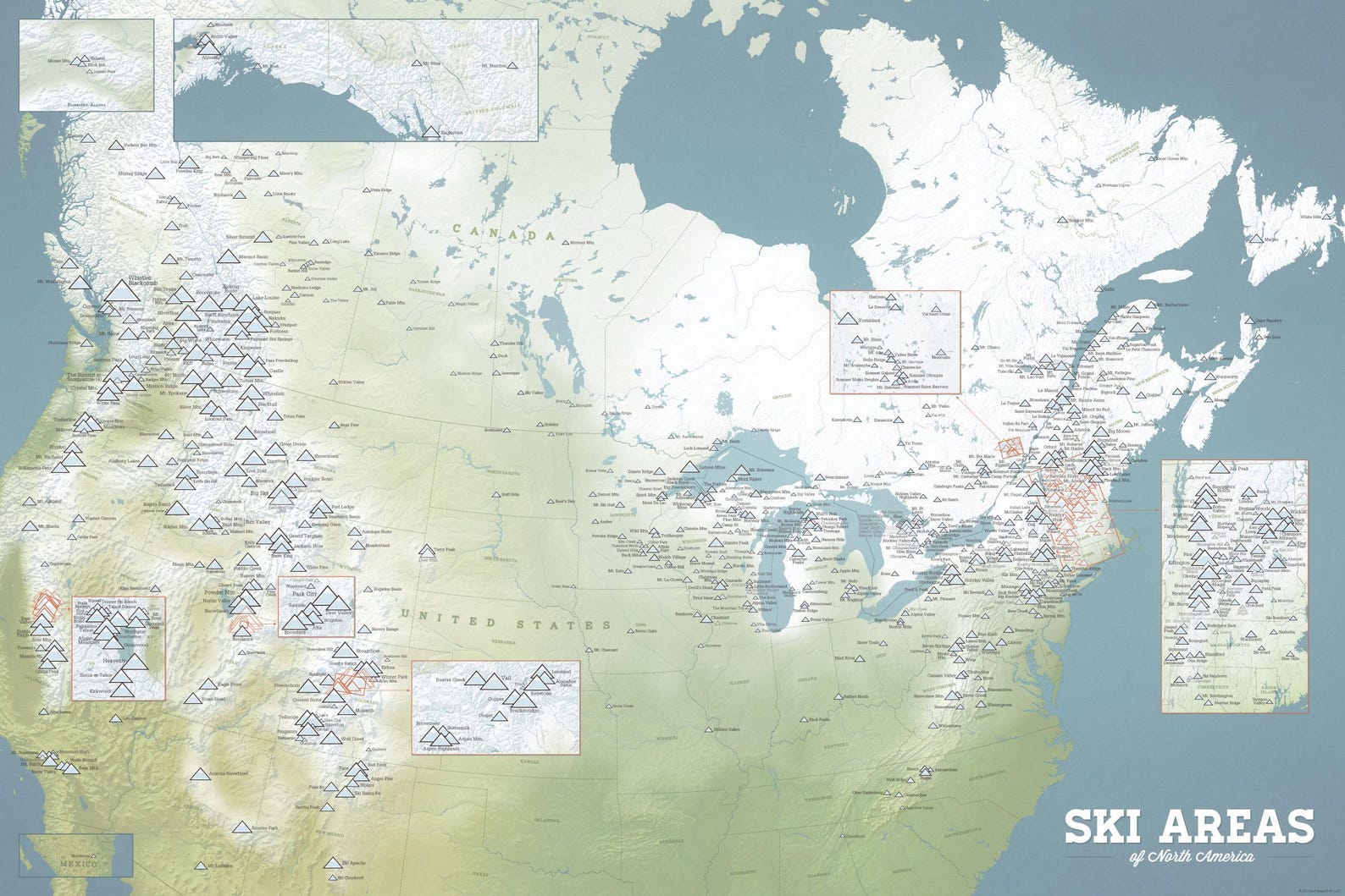North America Ski Resorts Map Poster 24x36, 700+ Ski Areas USA & Canada