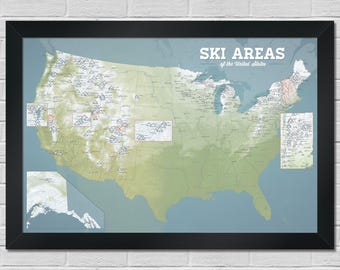 Kaart Amerikaanse skigebieden 24 x 36 poster, 500+ skigebieden VS, kaart checklist skiën, cadeau voor skiërs, snowboardkunst aan de muur