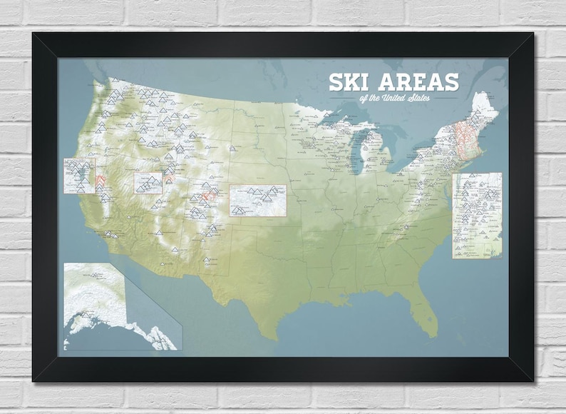 US Ski Areas Map 24x36 Poster, 500+ Ski Resorts USA, Skiing Checklist