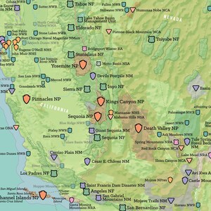 May include: A detailed map of the western United States, highlighting national parks and natural areas. The map uses a variety of colors and symbols to represent different locations, including Yosemite NP and Death Valley NP.