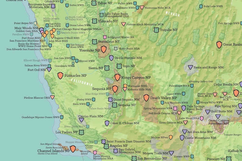 May include: A detailed map of the western United States, highlighting national parks and natural areas. The map uses a variety of colors and symbols to represent different locations, including Yosemite NP and Death Valley NP.