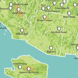 May include: A detailed map of the United States, highlighting national parks with shield-shaped icons. The map features a green and tan color scheme, with park names like Zion, Grand Canyon, and Joshua Tree clearly labeled. The map is a visual guide for outdoor enthusiasts.