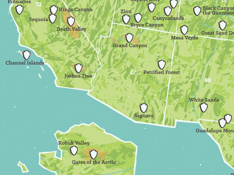 May include: A detailed map of the United States, highlighting national parks with shield-shaped icons. The map features a green and tan color scheme, with park names like Zion, Grand Canyon, and Joshua Tree clearly labeled. The map is a visual guide for outdoor enthusiasts.