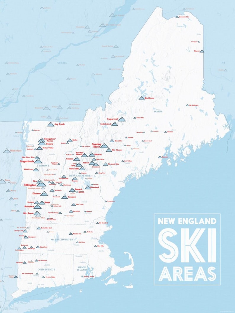 New England Ski Resorts Map 18x24 Poster White & Light Blue