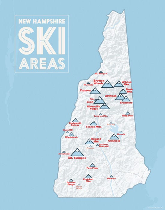 Ski New Hampshire Map New Hampshire Ski Resorts Map 11X14 Print | Etsy Ireland