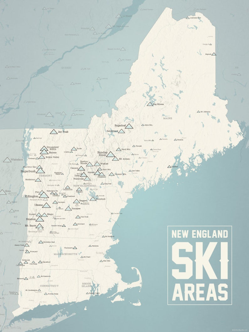 New England Ski Resorts Map 18x24 Poster Beige & Opal Blue