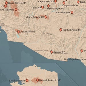 May include: A detailed map of the southwestern United States, highlighting national parks with red shield icons. The map features states like California, Arizona, and New Mexico, with park names such as Grand Canyon and Death Valley.