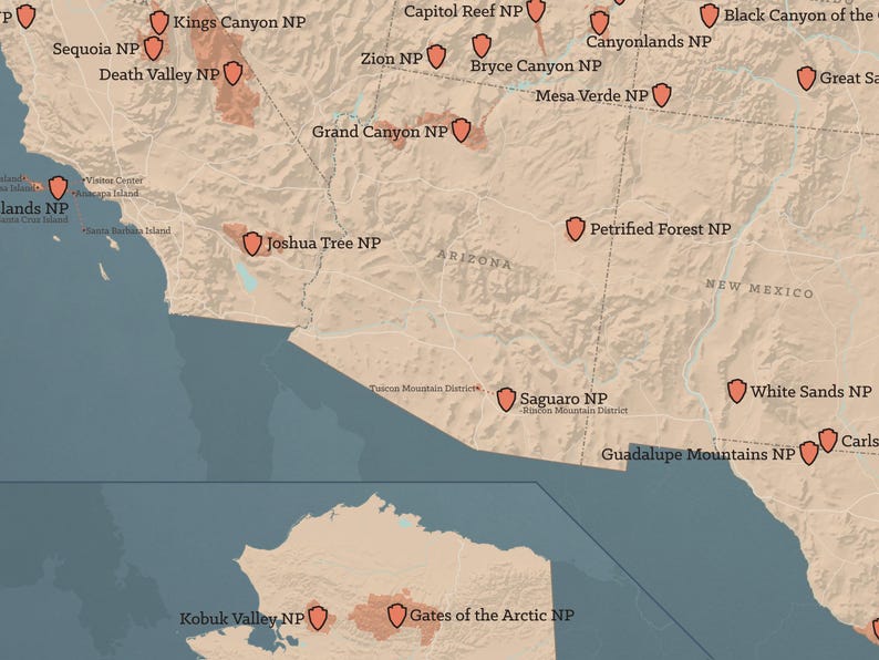 May include: A detailed map of the southwestern United States, highlighting national parks with red shield icons. The map features states like California, Arizona, and New Mexico, with park names such as Grand Canyon and Death Valley.