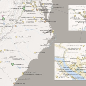 May include: A map of the United States highlighting national parks and historical sites. The map shows the locations of parks and sites in the eastern United States, including the Smoky Mountains National Park, Shenandoah National Park, Congaree National Park, and the National Mall in Washington, D.C.