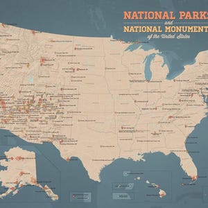 Póster de 18 x 24 con mapa de parques y monumentos nacionales de EE. UU.