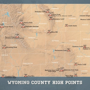 Carte des points forts du comté du Wyoming, impression 11 x 14