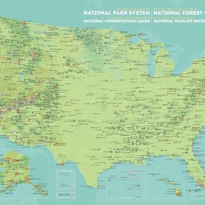 May include: A detailed map of the United States, highlighting national parks, forests, conservation lands, and wildlife refuges. The map uses a green and tan color scheme with numerous small markers indicating locations. Text at the top reads "National Park System" and other related terms.