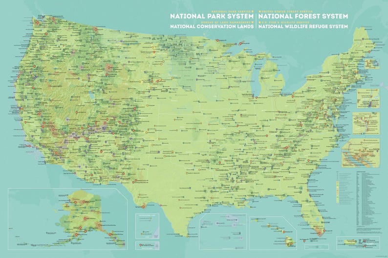 May include: A detailed map of the United States, highlighting national parks, forests, conservation lands, and wildlife refuges. The map uses a green and tan color scheme with numerous small markers indicating locations. Text at the top reads "National Park System" and other related terms.