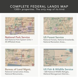 May include: A complete federal lands map with over 1300 properties, including National Park Service, US Forest Service, Bureau of Land Management, and US Fish & Wildlife Service areas. The map is the only one of its kind, with detailed information.