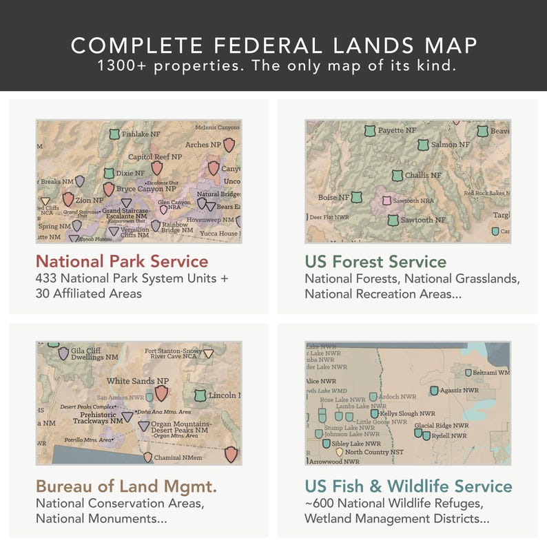May include: A complete federal lands map with over 1300 properties, including National Park Service, US Forest Service, Bureau of Land Management, and US Fish & Wildlife Service areas. The map is the only one of its kind, with detailed information.