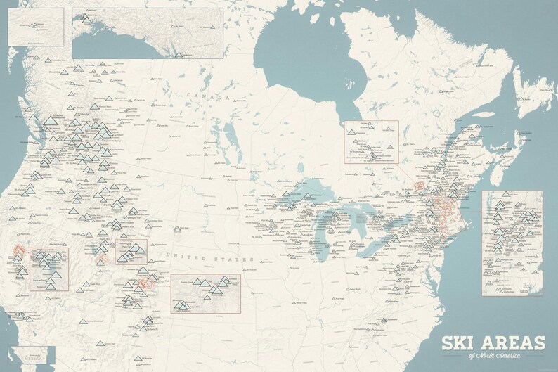 North America Ski Resorts Map Poster 24x36, 700+ Ski Areas USA & Canada