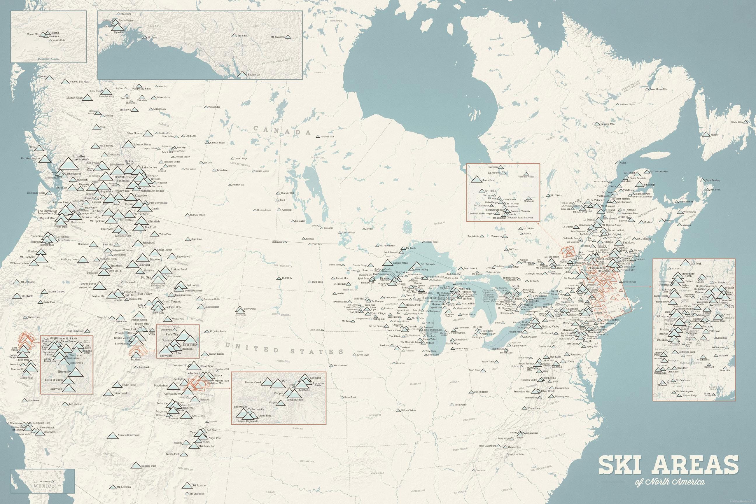 North America Ski Resorts Map Poster 24x36, 700+ Ski Areas USA & Canada