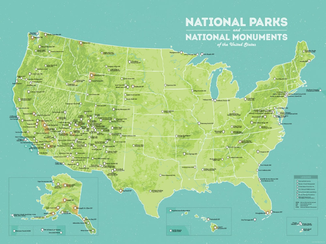 US National Parks & Monuments Map 18x24 Poster | Etsy