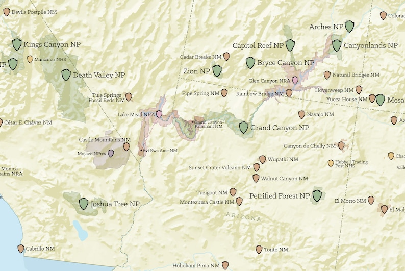 May include: A map of the southwestern United States highlighting national parks and monuments. The map shows the locations of parks such as Arches National Park, Bryce Canyon National Park, Grand Canyon National Park, and Zion National Park. The map also shows the locations of monuments such as Canyonlands National Monument, Petrified Forest National Monument, and Tuzigoot National Monument.