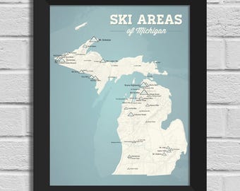 Kaart van Michigan Ski Resorts 11 x 14 afdrukken