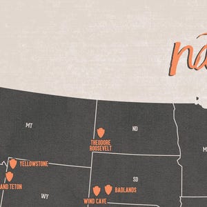 May include: A map of the United States, featuring orange icons indicating national parks. The map is in grey and black, with park and state names in orange. The word "national" is written in orange script, in a decorative font.