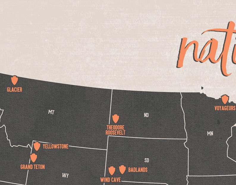 May include: A map of the United States, featuring orange icons indicating national parks. The map is in grey and black, with park and state names in orange. The word "national" is written in orange script, in a decorative font.