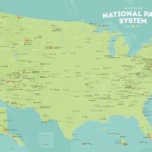 USA National Park System Units Map Poster - green & aqua