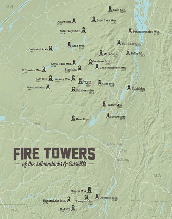 Map Of Catskills And Adirondacks Adirondack Fire Tower Challenge Map 11X14 Print | Etsy Uk