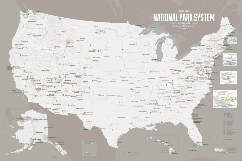 USA National Park Service NPS System Checklist Map Poster
