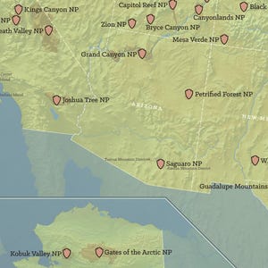 May include: A detailed map of the United States, highlighting various National Parks with labeled markers. The map features a muted color palette with a focus on the western states, including Grand Canyon, Joshua Tree, and Death Valley National Parks.