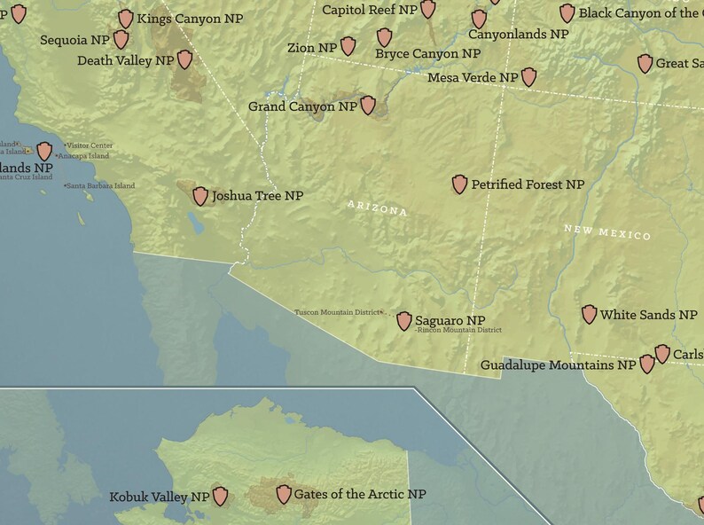 May include: A detailed map of the United States, highlighting various National Parks with labeled markers. The map features a muted color palette with a focus on the western states, including Grand Canyon, Joshua Tree, and Death Valley National Parks.