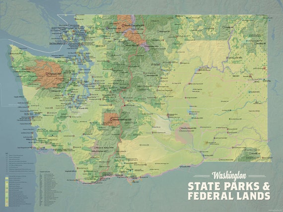 Wa State Parks Map Washington State Parks & Federal Lands Map 18X24 Poster | Etsy Uk