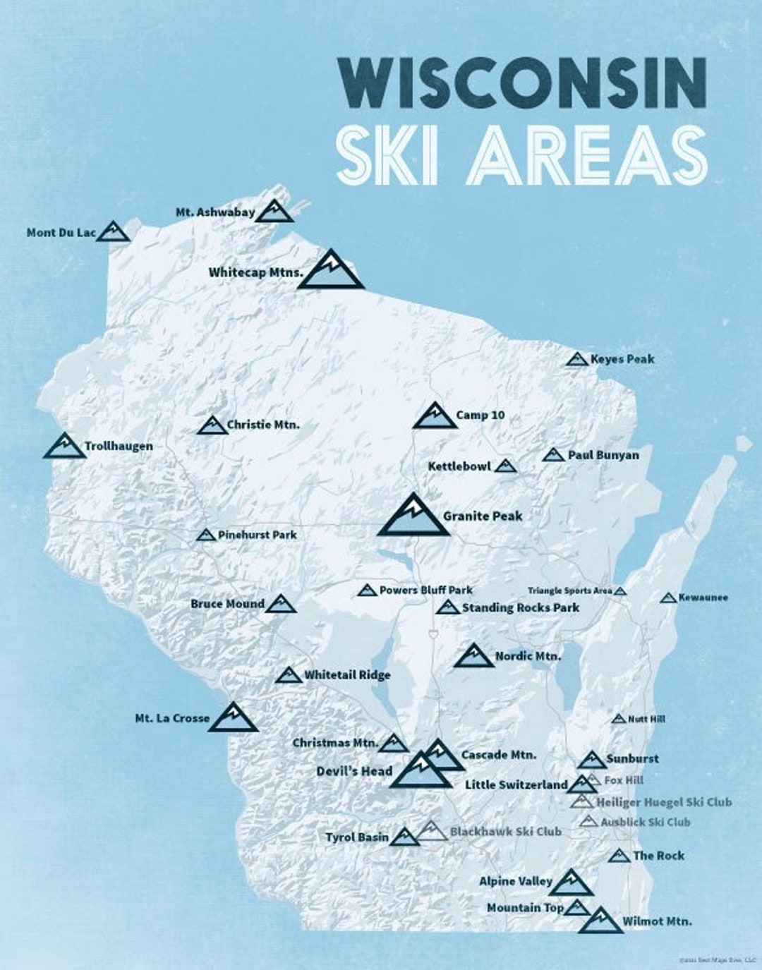 Wisconsin Ski Resorts Map 11x14 Print Etsy