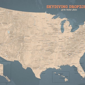 US Skydiving Dropzones Map 24x36 Poster Tan & Slate Blue