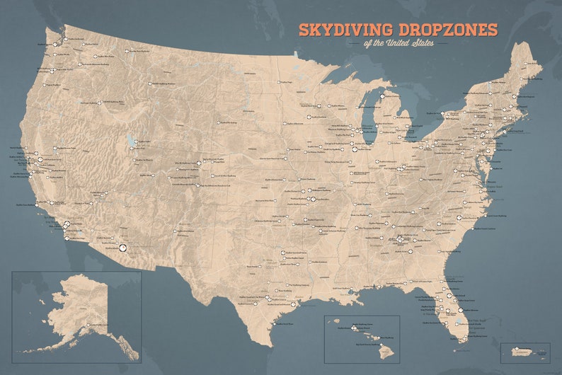US Skydiving Dropzones Map 24x36 Poster Tan & Slate Blue