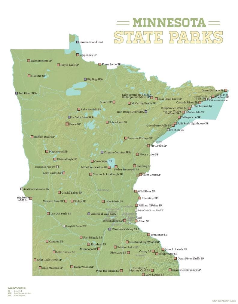 Best Maps Ever Minnesota State Parks Map Print 11x14" - Green & Aqua Style For Tracking Visits