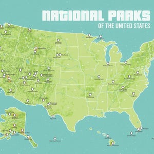 May include: A map of the United States, featuring green states and white markers denoting National Parks. The text "NATIONAL PARKS OF THE UNITED STATES" is displayed in white, bold font. The background is a light teal colour.
