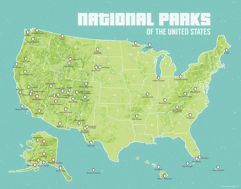 May include: A map of the United States, featuring green states and white markers denoting National Parks. The text "NATIONAL PARKS OF THE UNITED STATES" is displayed in white, bold font. The background is a light teal colour.