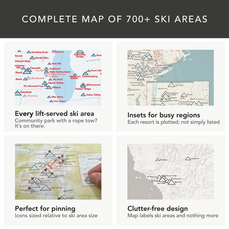 North America Ski Resorts Map Poster 24x36, 700+ Ski Areas USA & Canada
