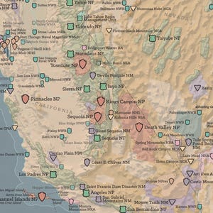May include: A detailed map of the western United States, highlighting national parks and other protected areas. The map uses a muted color palette with various icons representing different locations, including Yosemite and Death Valley National Parks.