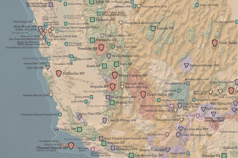 May include: A detailed map of the western United States, highlighting national parks and other protected areas. The map uses a muted color palette with various icons representing different locations, including Yosemite and Death Valley National Parks.