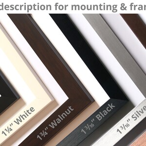 May include: A range of picture frame samples in colours like black, white, walnut, silver, and bronze. Each frame is labelled with its colour and width, such as "1 1/4" Black" and "1 3/16" Silver". The text "See product description for mounting & framing add-ons" is at the top.