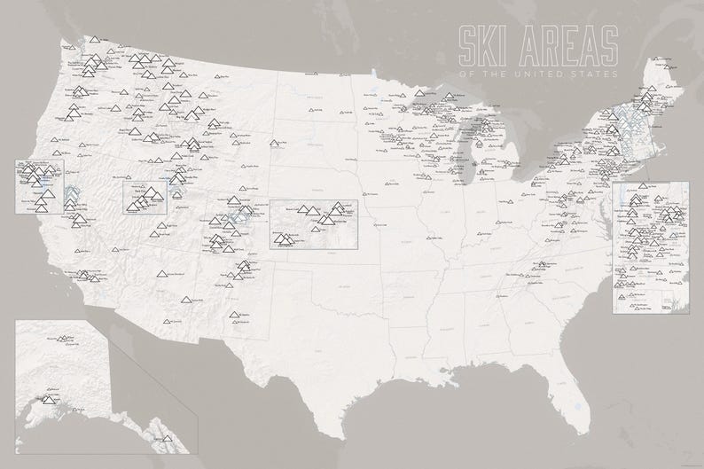 US Ski Areas Map 24x36 Poster, 500+ Ski Resorts USA, Skiing Checklist