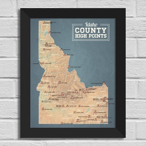 Idaho County Highpoints Karte Print 11x14