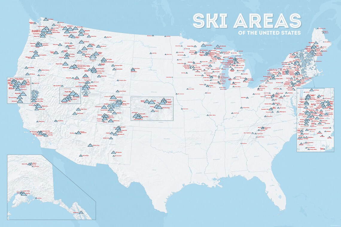 US Ski Resorts Map 24x36 Poster Etsy