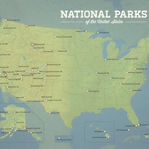 May include: A map of the United States, shaded in green and brown, with white dots indicating national park locations. The text "NATIONAL PARKS of the United States" is displayed in white across the top.