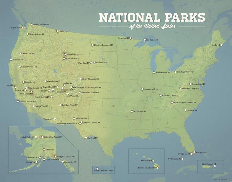 May include: A map of the United States, shaded in green and brown, with white dots indicating national park locations. The text "NATIONAL PARKS of the United States" is displayed in white across the top.